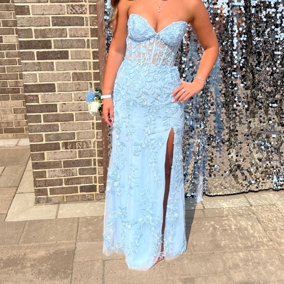 Strapless sherry hill Formal Dress Lace Up Back Slit Light Blue Prom Gown size 4 - Picture 1 of 9